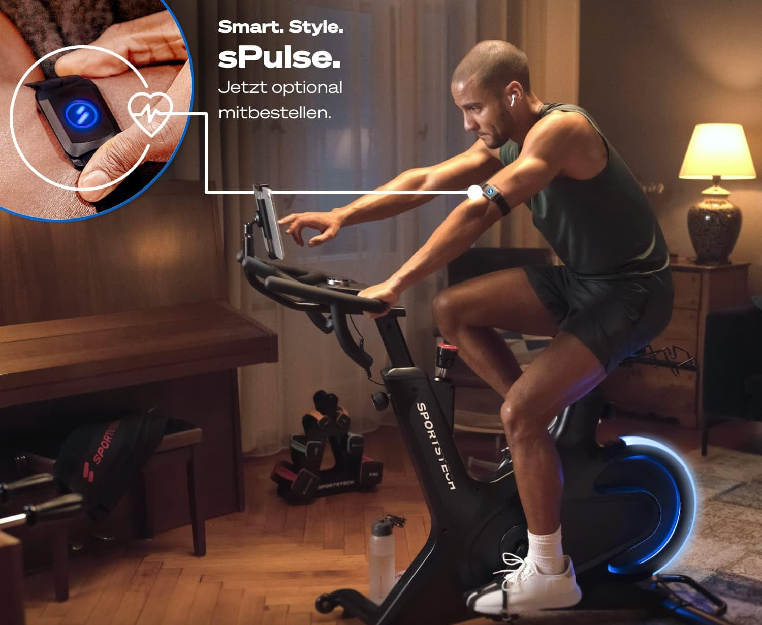 Sportstech sBike Lite - Smartes Heimtrainer Fahrrad mit LED - Deutsche Qualitätsmarke - App mit Kursen und 360° Tablet-Halterung für Full Body Workout - Ergometer