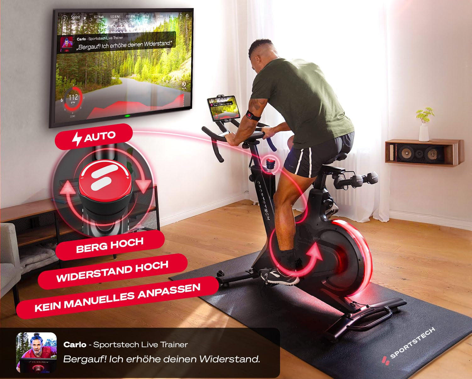 Sportstech sBike Lite - Smartes Heimtrainer Fahrrad mit LED - Deutsche Qualitätsmarke - App mit Kursen und 360° Tablet-Halterung für Full Body Workout - Ergometer