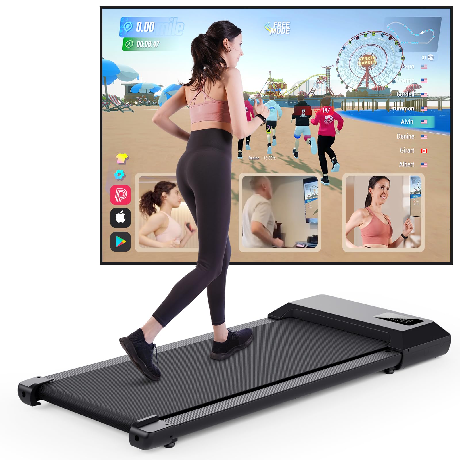 DeerRun Walking Pad Raceable,Laufband für Zuhause bis 136kg, Laufband Schreibtisch mit Pitpat App, Treadmill Leise 2,5PS mit Professionelle Trainingskurse & Multi-Runner-Rennen