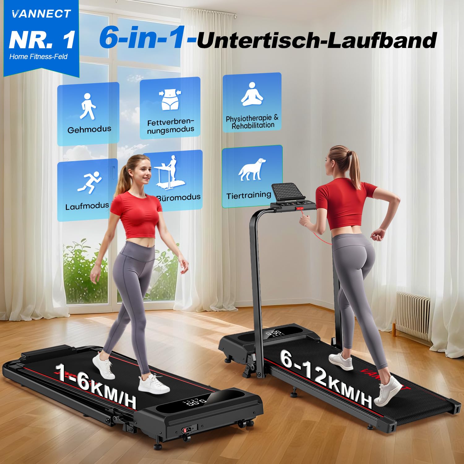 Laufband für Zuhause, VANNECT Walking Pad, 1-12 km/h Klappbares Laufband mit 9% Steigung, Ultra-Leise, LCD-Display, Dreifache Steuerung - Fernbedienung, App, Handlauf-Tasten, Belastbar bis 150 kg